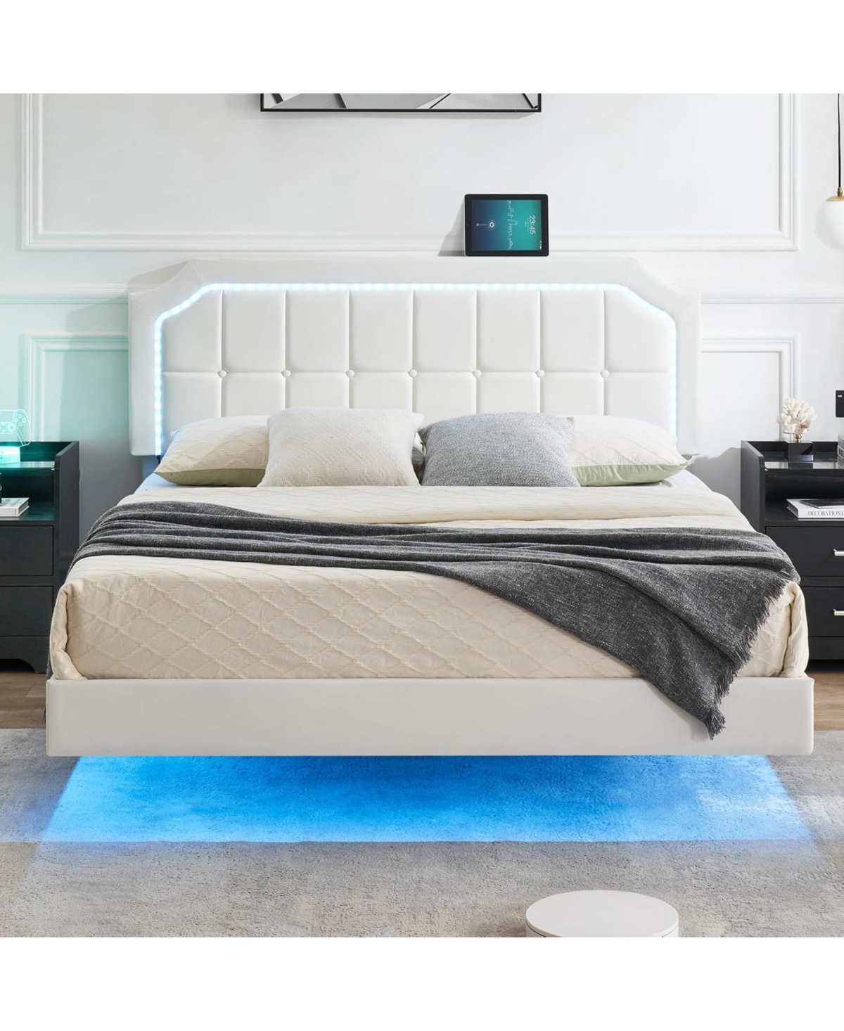 gaomon Floating Bed Frame with Rgb Led Lights Headboard, Modern Floating Led Bed Frame with Upholstered Adjustable Headboard