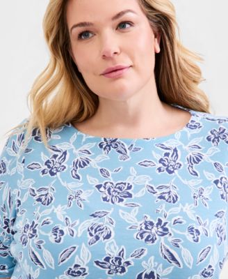 Plus Size Printed Boat-Neck Elbow Sleeve Cotton Top