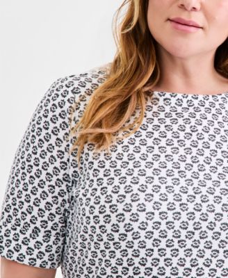 Plus Size  Printed Boat-Neck Elbow Sleeve Cotton Top