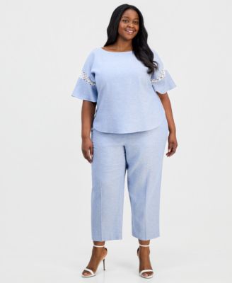 Plus Size Lace-Trim Flutter-Sleeve Top