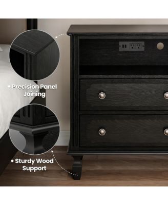 Wood Grain Nightstand with Charging Hub - 26" Tall, 2 Drawers, Open Shelf