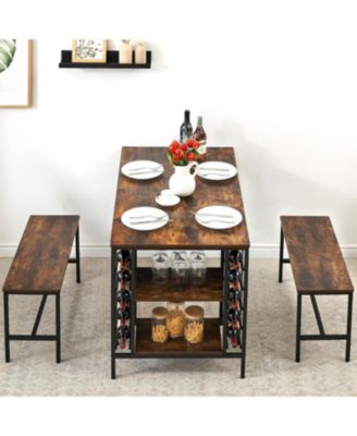 Dining Table Set for 4 Kitchen Table with 2 Benches Rectangular Dining Room Table Set with Wine Rack and Storage Shelf 3 Piece Dining Table Set