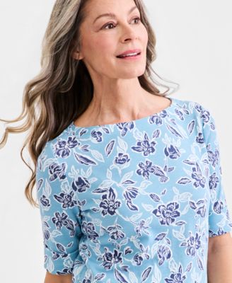 Women's Printed Boat-Neck Elbow-Sleeve Top