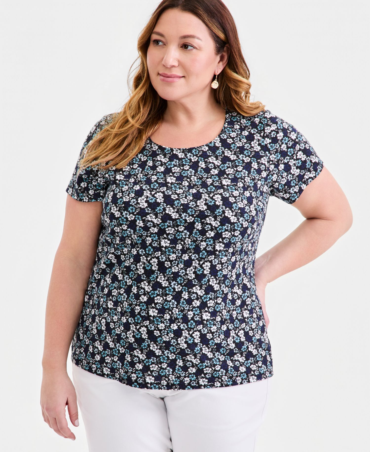 Women's Plus Size Printed Short-Sleeve Scoop-Neck Top
