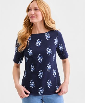 Women's Printed Boat-Neck Elbow-Sleeve Top