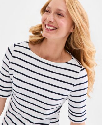 Women's Printed Boat-Neck Elbow-Sleeve Top