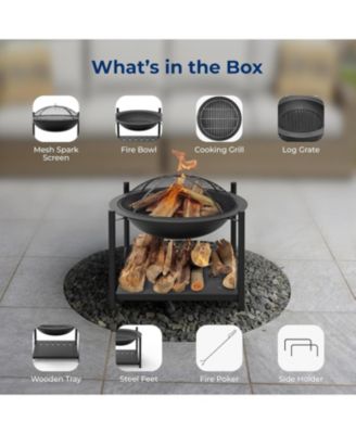 Outdoor Wood Fire Pit Steel BBQ Grill with Mesh Spark Screen, Log Grate, Poker & Cover