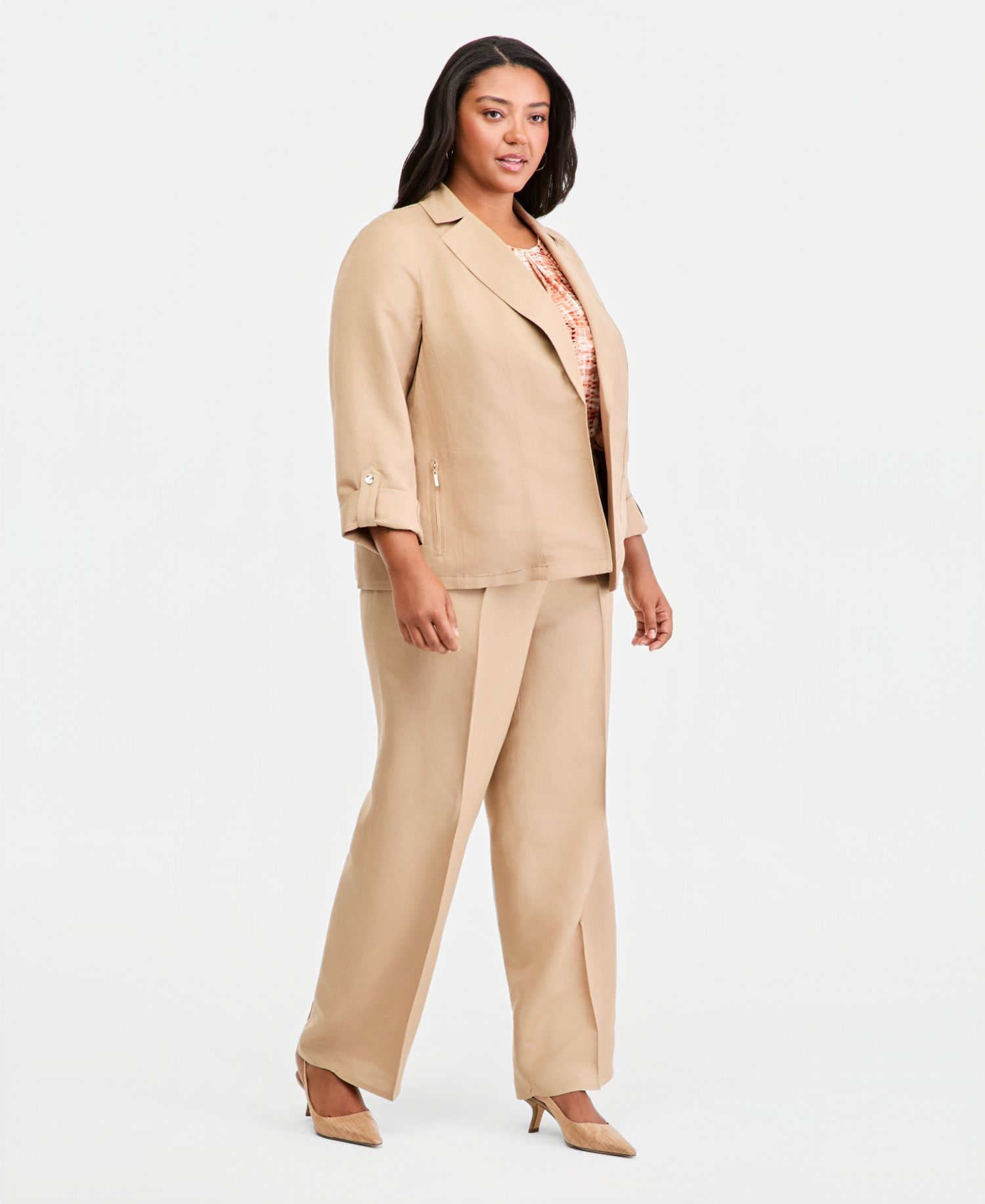 Plus Size Linen Open-Front Seamed Roll-Tab-Sleeve Blazer