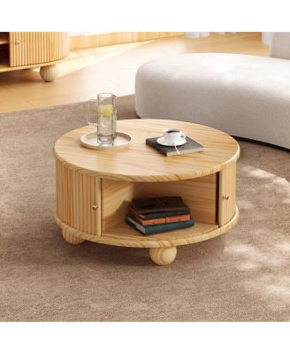  Round Fluted Coffee Table with Storage, Pine Solid Wood, 31.8