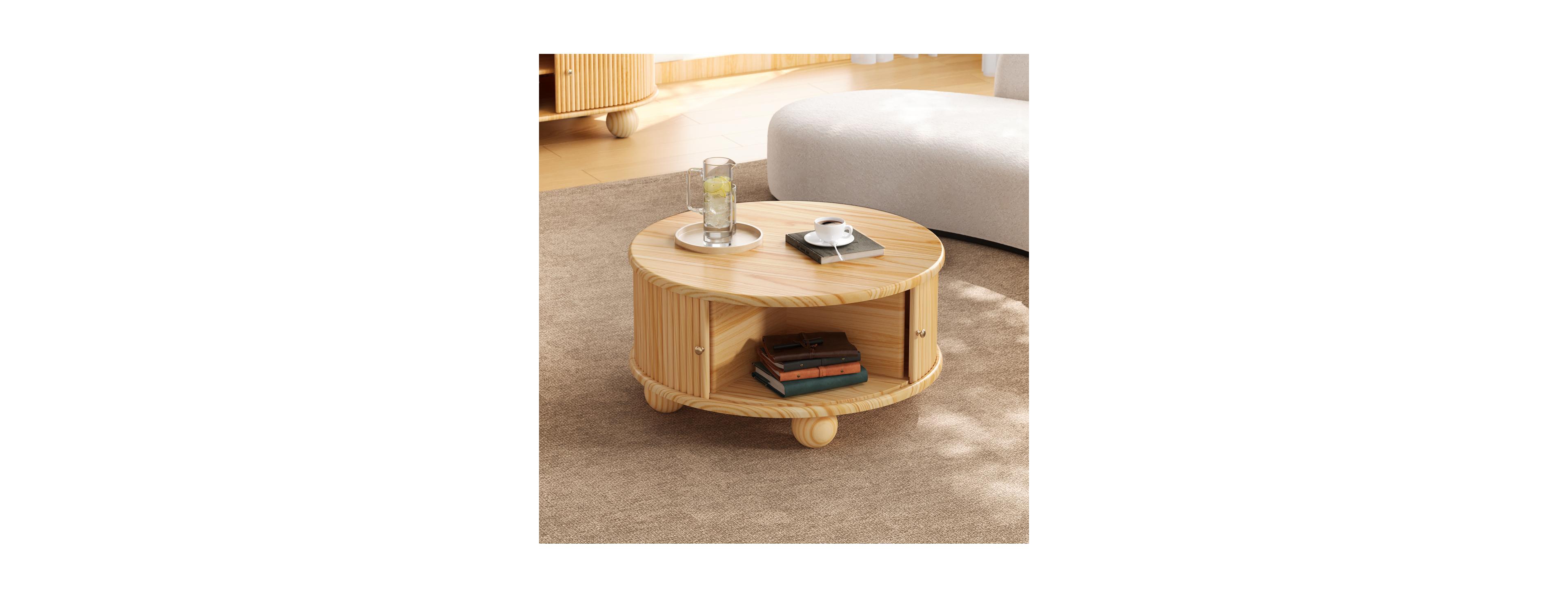 Streamdale Furniture Round Fluted Coffee Table with Storage, Pine Solid Wood, 31.8