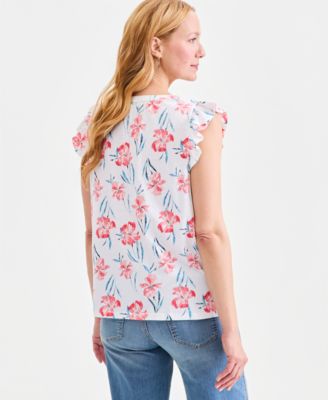 Women's Printed Pintuck Flutter Sleeve Top