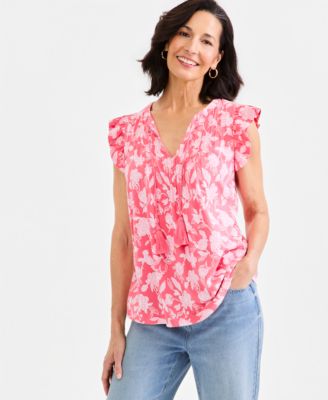 Women's Printed Pintuck Flutter Sleeve Top