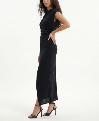 Women's Asymmetrical Draped Fit & Flare Boat Neck Midi Dress