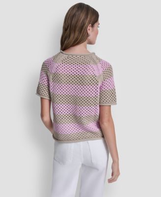 Women's Short-Sleeve Raglan Stripe Pointelle Pull-On Sweater