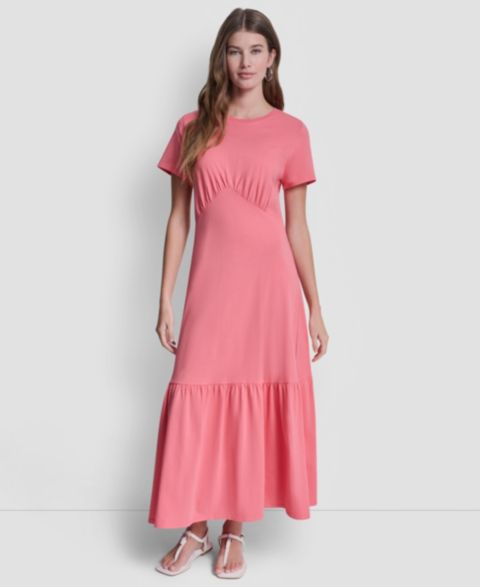 Женское платье DKNY Jeans Ruched Bodice Crew Neck Tier Long, цвет: Sunkissed