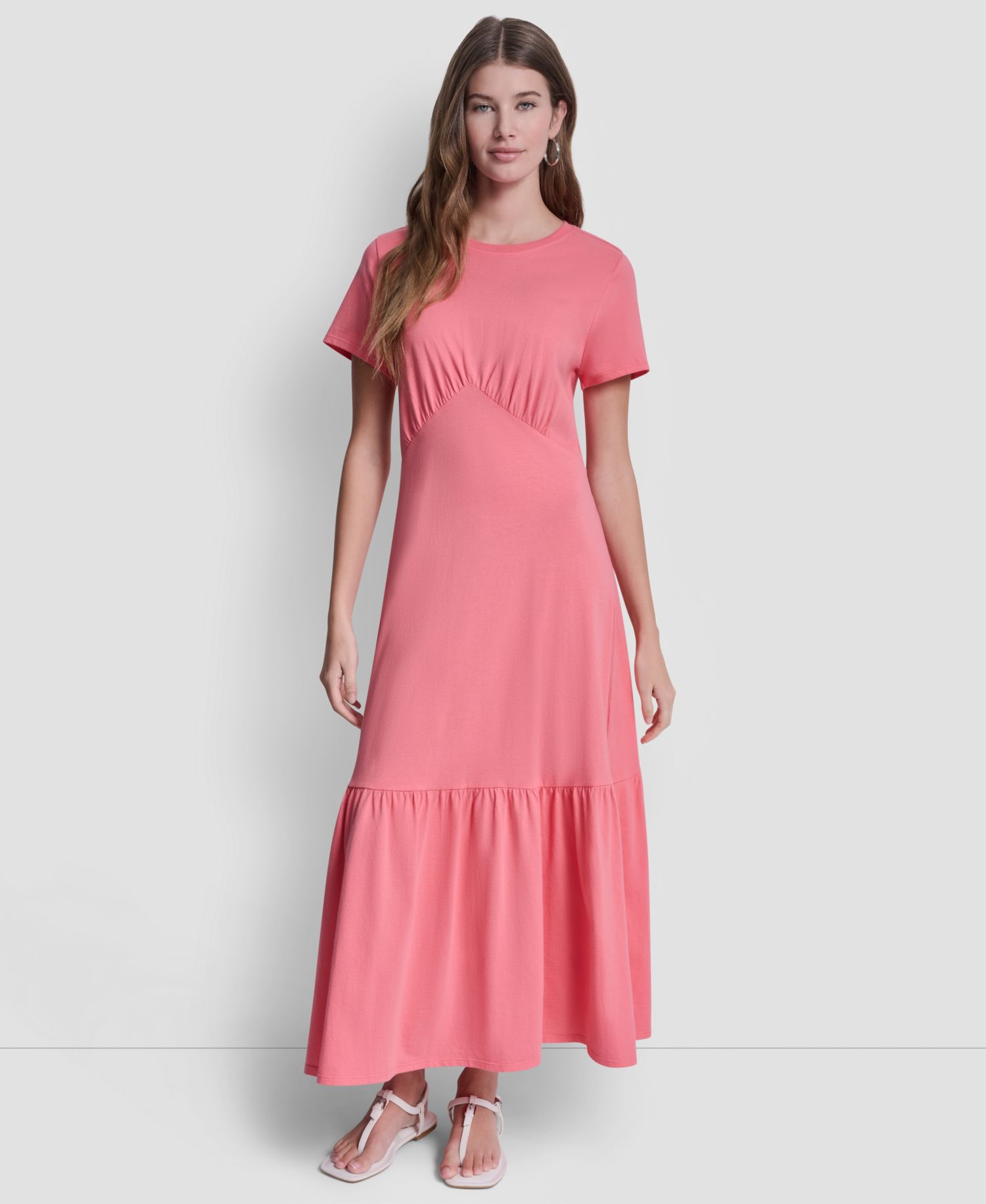 Women's Ruched Bodice Crew Neck Tier Long Dress