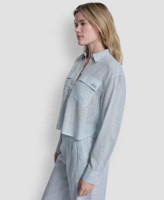 Women's Linen-Blend Cropped Long-Sleeve Shirt