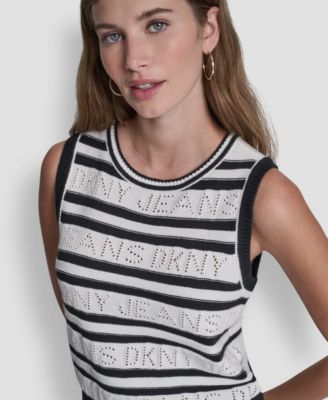 Women's Sleeveless Logo Pointelle Striped Sweater
