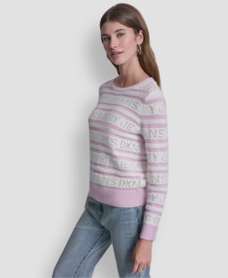 Women's Crewneck Logo Pointelle Striped Sweater