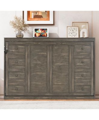 Full Size Murphy Bed with LED Light, Foldable Cabinet