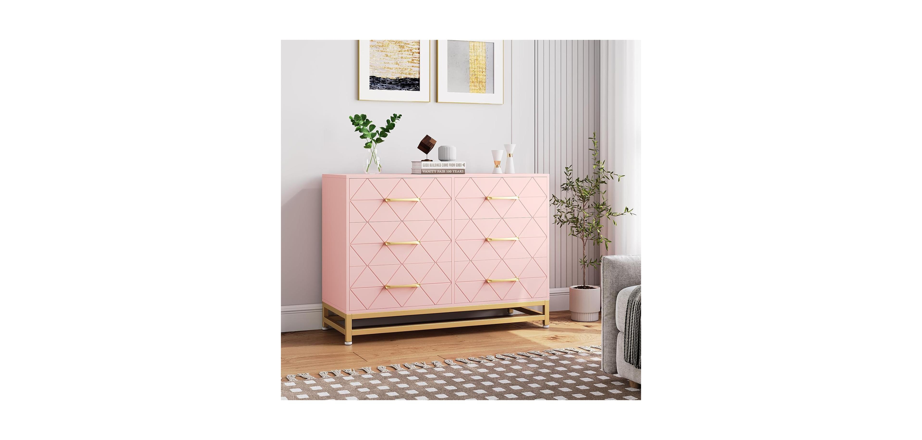 6 Dresser Bedroom with Large Capacity, Chest of Drawers Wooden Dresser with Metal Handle, Pink Dresser for Bedroom,Living Room,Hallway and Entryway