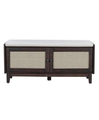 Rattan Shoe Storage Bench, Wooden Shoe Organizer with Cushion, 2 Doors, 2-Tier Shoe Rack and Adjustable Shelves for Entryway, Hallway