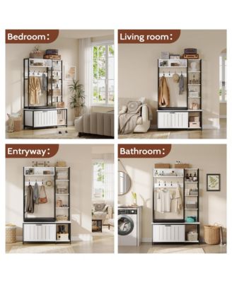 Hall Tree Coat Rack - Flip-top Shoe Cabinet, 5 Storage Compartments, Cushioned Bench, 4 Hooks for Entryway, Hallway