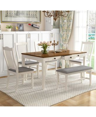 Mid-Century 6-Piece Wood Dining Set with Drawer, Chairs & Bench