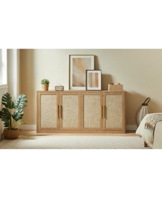 67" Rattan 4-Door Boho Buffet Cabinet, Large  Sideboard Credenza