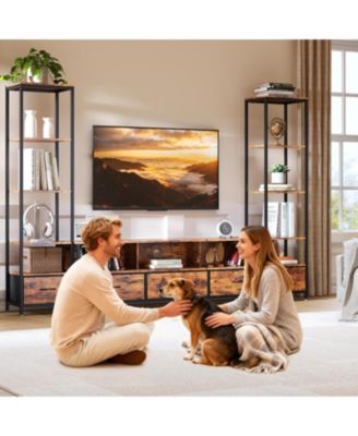 TV Entertainment Center with Storage, 5 Fabric Drawer, 2 Bookshelf, TV Console with Shelf for TVs