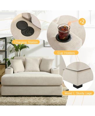 Oversized Chenille Chaise Lounger with Built-in Charge Station