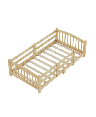  Twin Montessori Floor Bed with Slats, Guardrails, and Fence