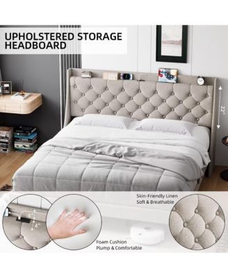 Size Bed Frame with Upholstered Wingback Headboard, Luxurious Linen Upholstery Platform Bed with Charging Station, Button Tufted Design