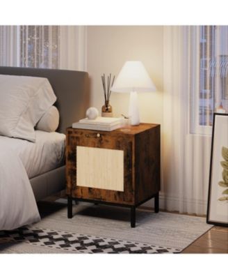 Natural Rattan Nightstand Set of 2, Boho Bedside with Storage, End Table with Natural Rattan Decorated Drawers, Solid Metal Legs