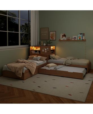  L-Shaped Twin Bed Frame w/ Trundle, Drawer, Desk & LED
