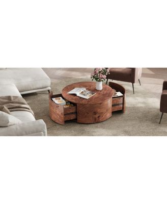  Burl Wood Rotating Coffee Table with 2 Drawers, 360° Rotating Top, Walnut, 28.4"