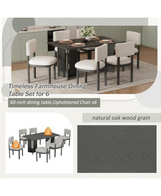 Farmhouse Wood Dining Table Set for 6, 60" Rectangular Table & Chairs