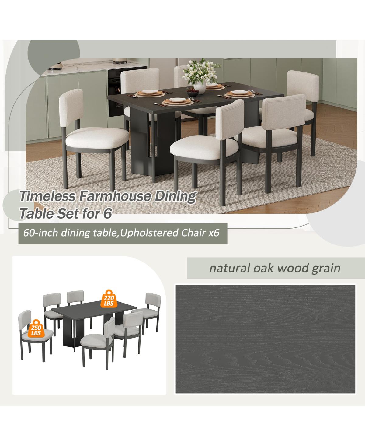 Streamdale Furniture Farmhouse Wood Dining Table Set for 6, 60" Rectangular Table & Chairs