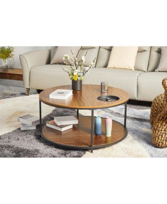  Round antique wood coffee table, 34.64-inch, 2-tier storage, modern design.