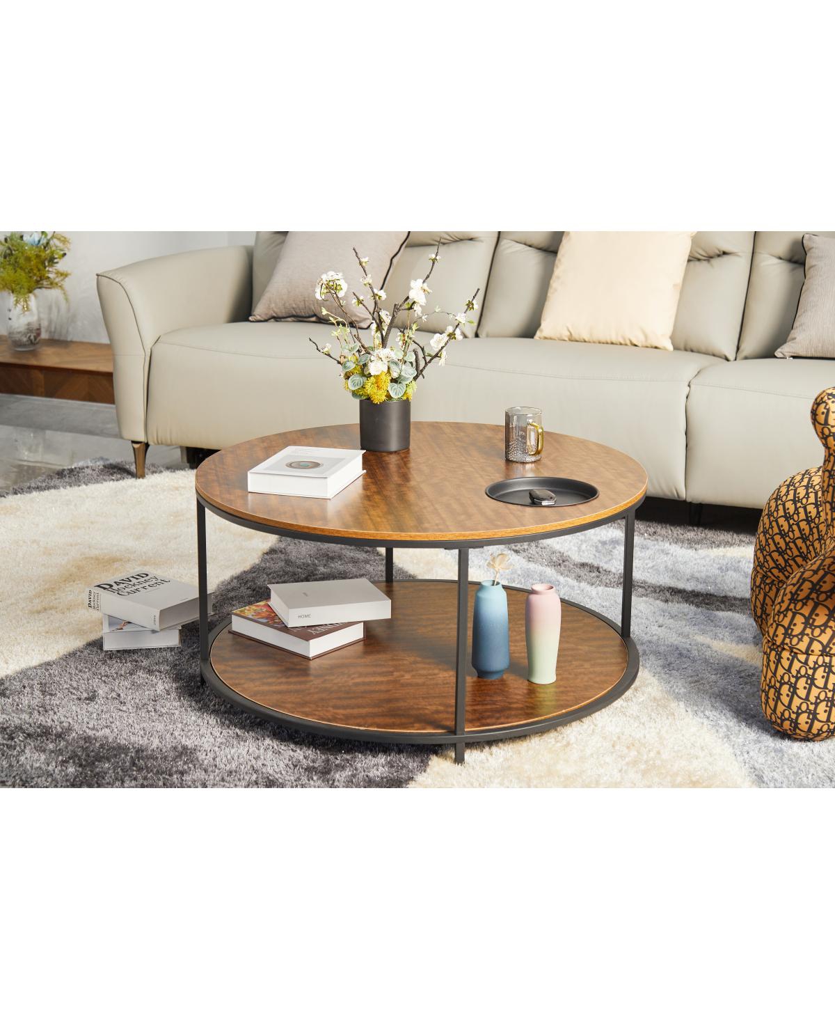Streamdale Furniture Round antique wood coffee table, 34.64-inch, 2-tier storage, modern design.
