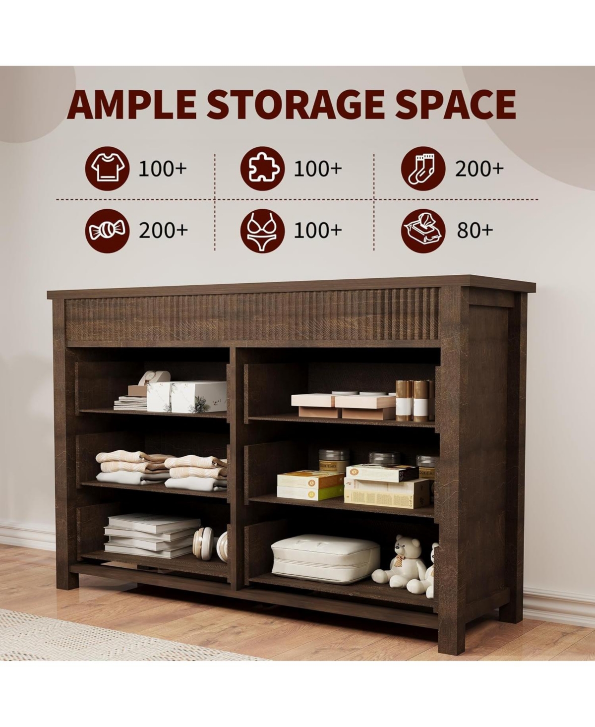 gaomon 6 Drawer Wooden Fluted Storage Dresser Chest and Tv Stand