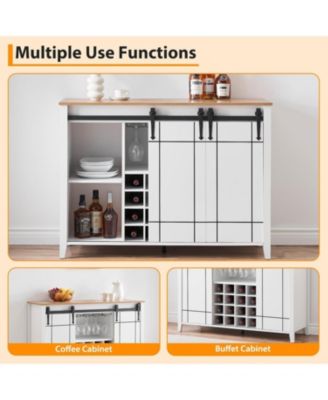 47 Inch Wine Bar Cabinet with Sliding Barn Door Buffet Sideboard Cabinet with 16 Bottle Wine Rack