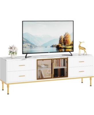 TV Stand with LED Lights, Modern Entertainment Center with 4 Drawers & Shelves & Glass Doors, TV Console Table for TV