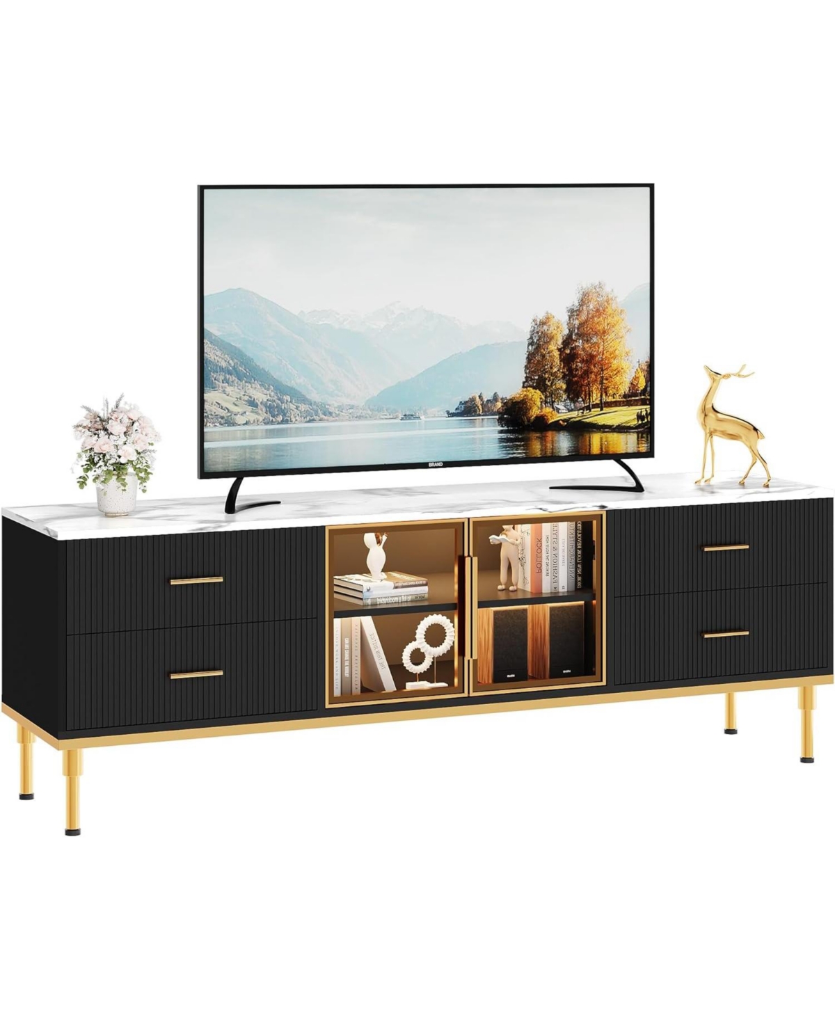 gaomon Tv Stand with Led Lights, Modern Entertainment Center 4 Drawers & Shelves Glass Doors, Console Table for