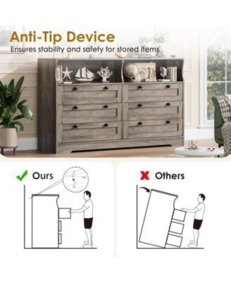 Wood Dressers for Bedroom with 6 Drawer, Wooden Dresser with LED Lights and Power Outlet, Modern Chest of Drawers for Living Room Entryway