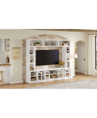 Entertainment Center Wall Unit for TVs up to 80" with Bookshelves & Glass Doors