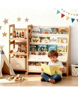 Wood Bookshelf for Kids - Storage with Sling Pockets and Drawers