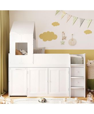 Twin Size Wooden Loft Bed with Desk, Drawers and Cabinets