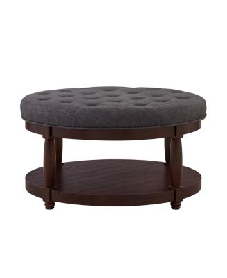 Large Round Tufted Linen Ottoman Coffee Table with Wood Shelf