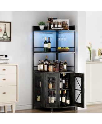 64 Inch Tall Corner Bar Cabinet with LED Strip 5-Tiers Industrial Bar Cabinet with Power Outlet and Glass Holder Wine Cabinet